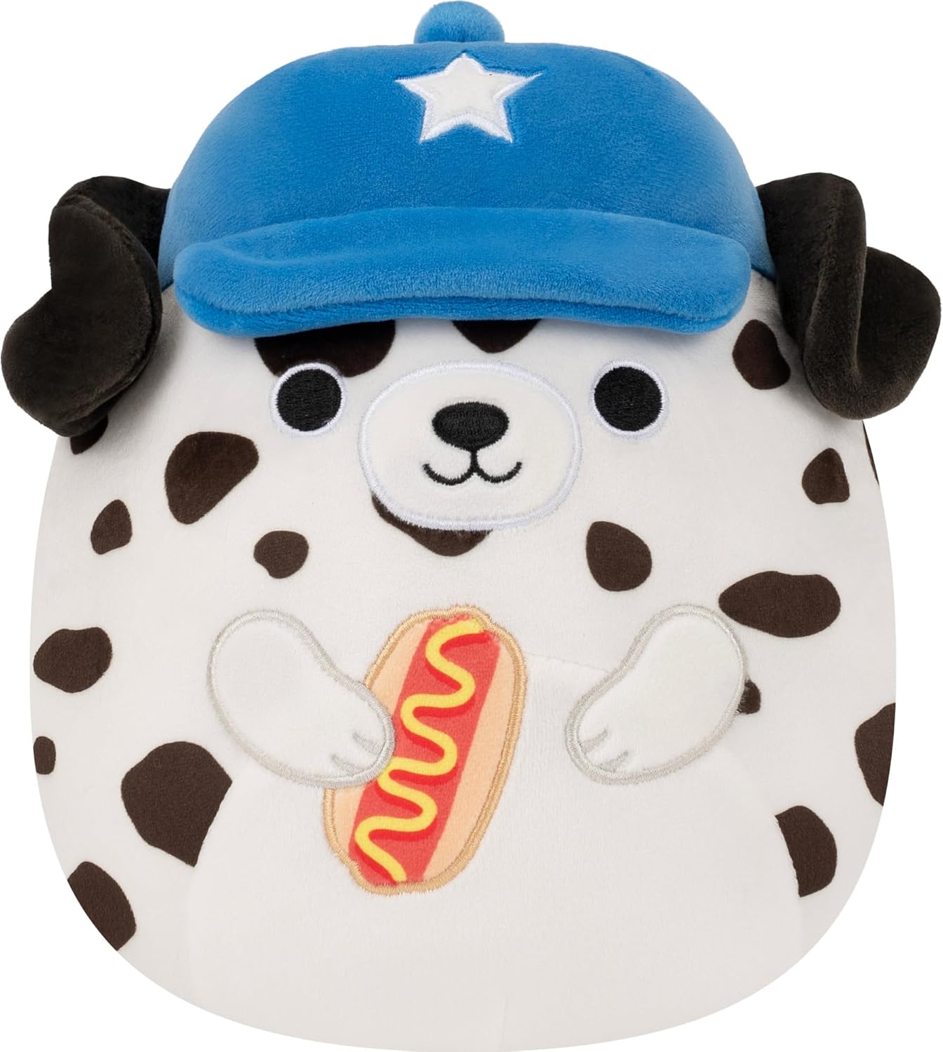 Squishmallows Original 8in Dustin the Dalmatian with Blue Hat Holding Hot Dog – Official Jazwares Plush (Little) Multicolor