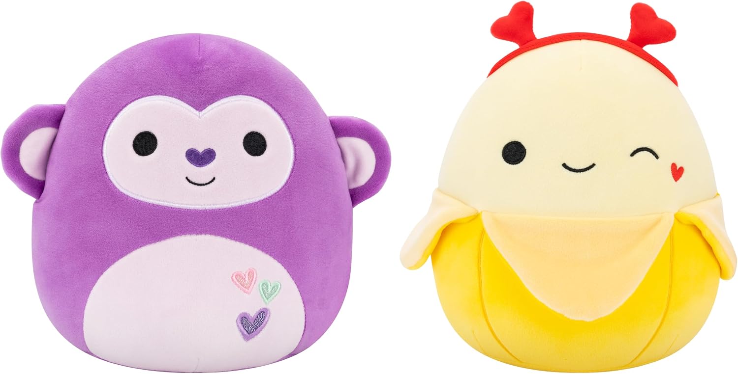 Squishmallows Original 8in Hartman the Purple Monkey + 8in Junie the Banana – Official Jazwares Valentine’s Plush 2-Pack (Little) Monkey and Banana