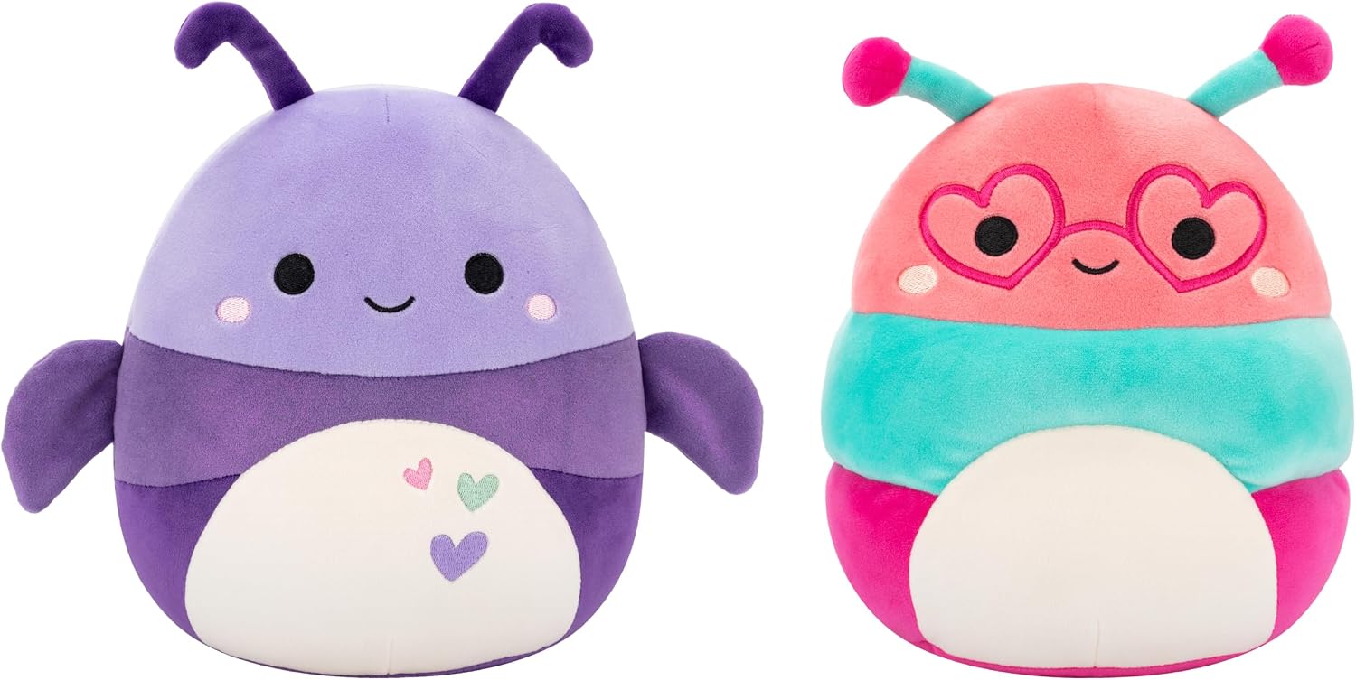 Squishmallows Original 8in Axel the Purple Beetle + 8in Griffith the Peach Bookworm – Official Jazwares Valentine’s Plush 2-Pack (Little) Beetle and Bookworm