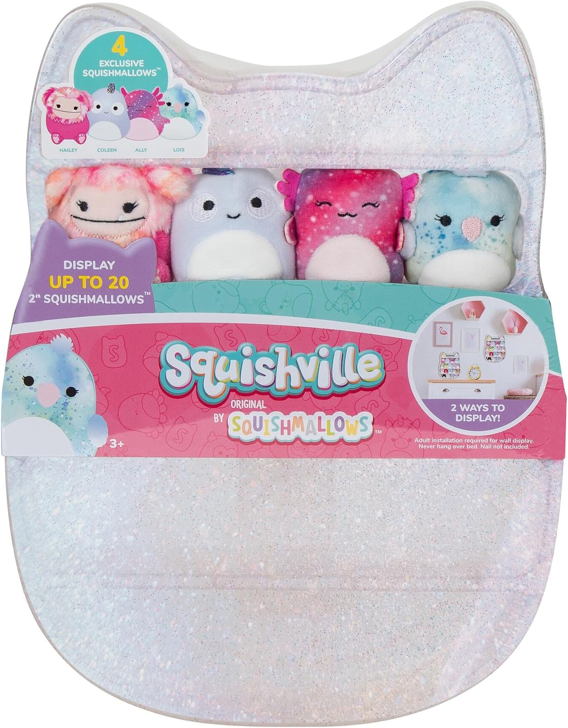 Squishville by Original Squishmallows Play and Display Storage - Four 2-Inch Plush Included - Big Foot, Axolotl, Parrot, Chameleon - Hang or Stand Display Case - Amazon Exclusive