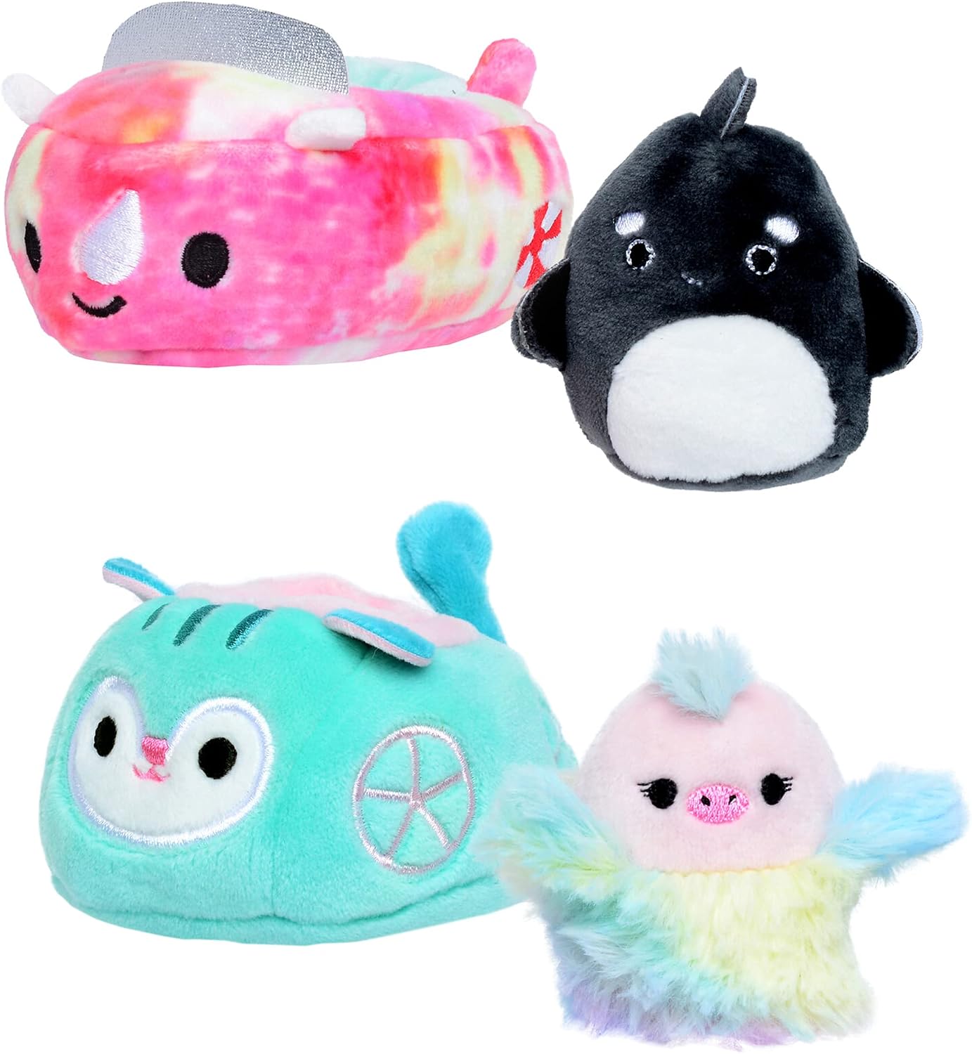 Squishville by Original Squishmallows Kai in Boat & Elda in Carriage - Two 2” Mini-Squishmallow Orca Whale and Pink Ostrich Plush, Plush Boat and Carriage Vehicles - AMAZON EXCLUSIVE