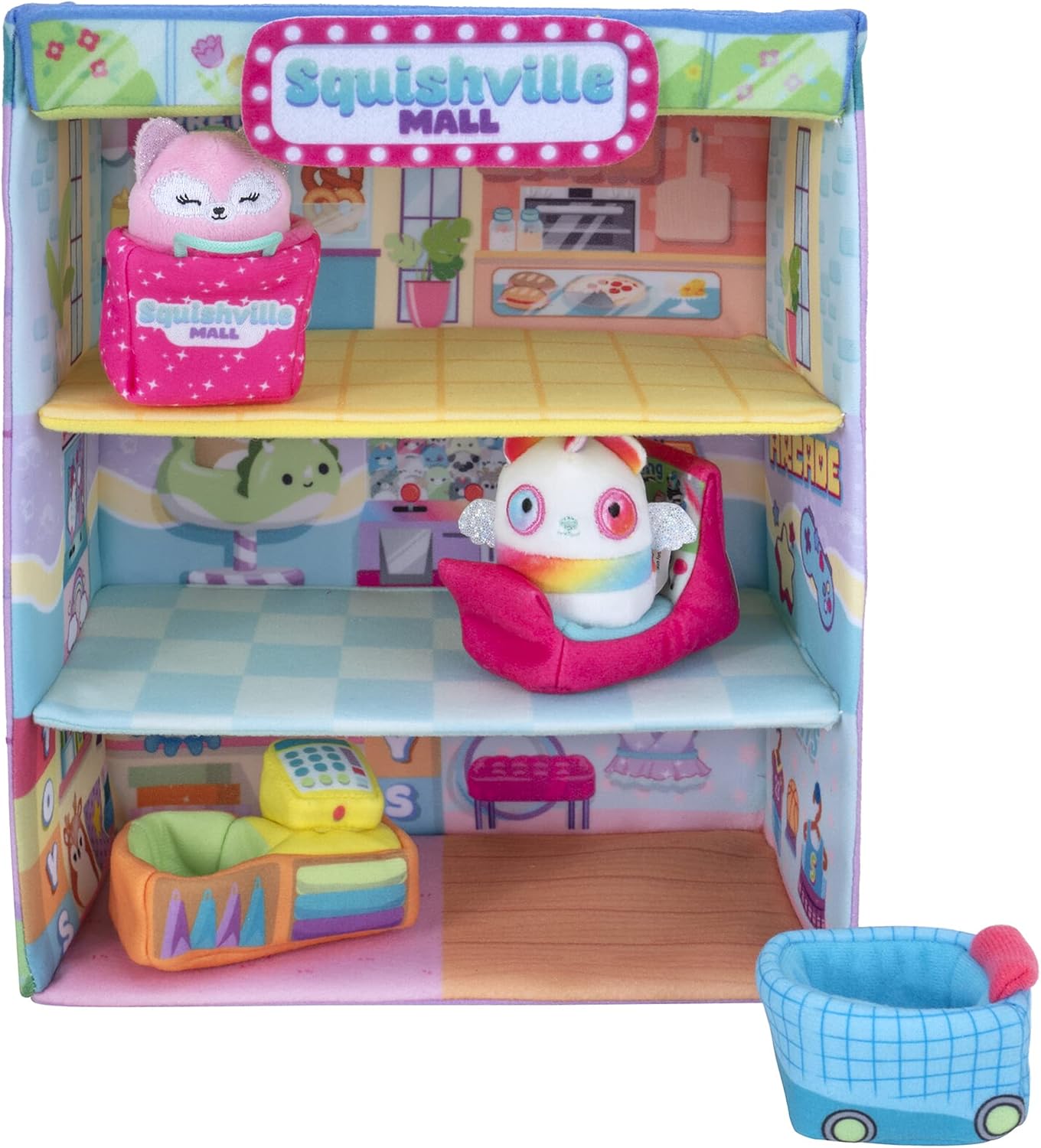 Squishville Squishmallows Mall-Two 2-Inch Mini Plush Characters,Themed Play Scene,4 Accessories (Shopping Bag/Cart,Cash Register,Arcade Machine)-Amazon Exclusive