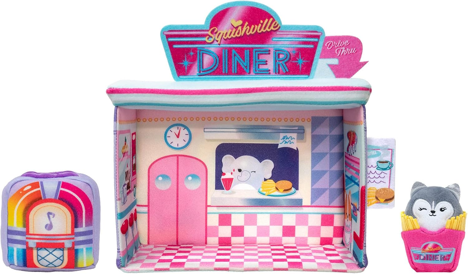 Squishville by Original Squishmallows Darling Diner Playset - Includes 2-Inch Heidi The Husky Plush, Jukebox, French Fries, and Diner Playscene - Toys for Kids