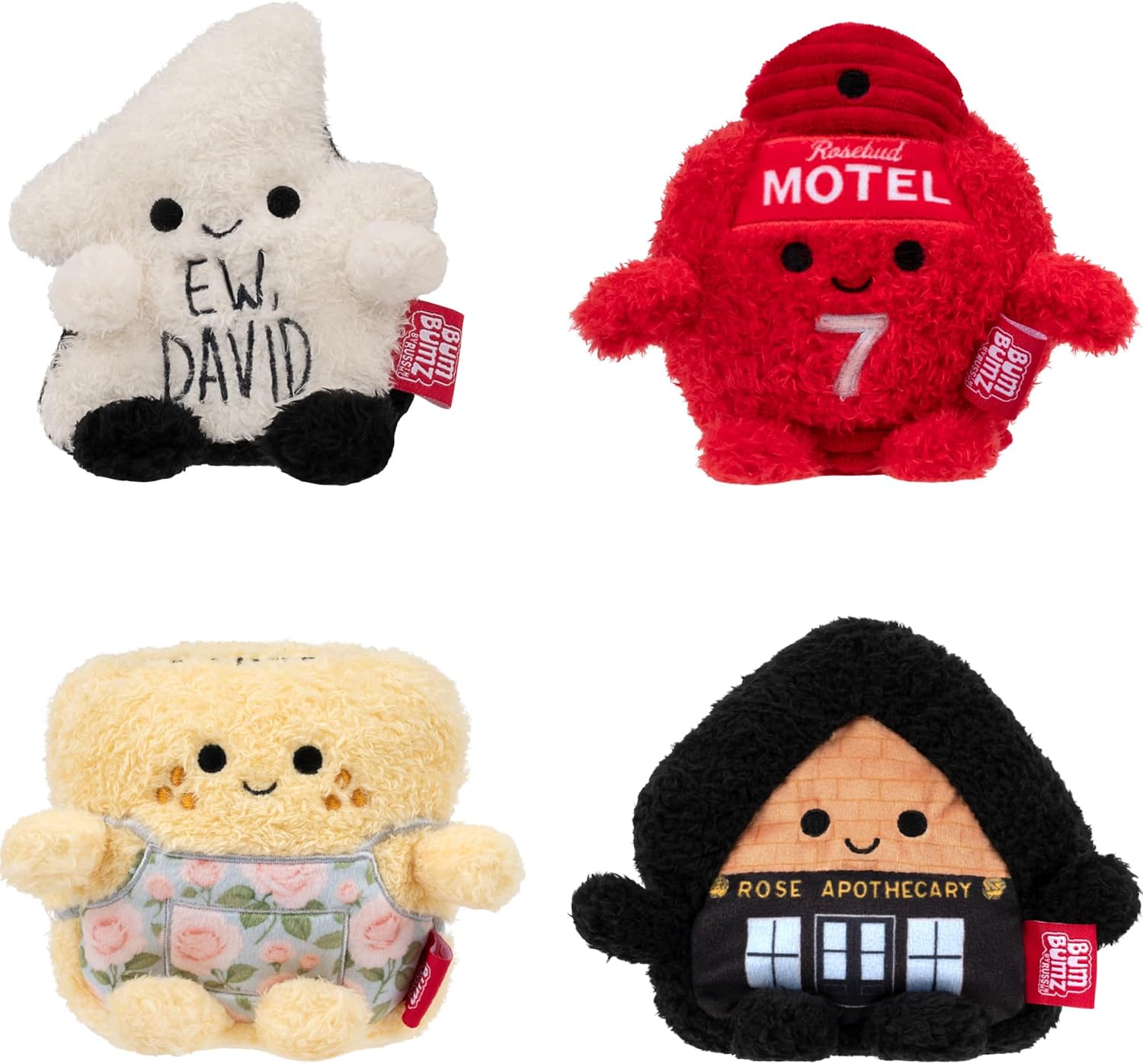 BumBumz 4.5-inch Plush 4-Pack - Schitt’s Creek® Crew: Ew David Lightning Bolt, Rosebud Motel Key, Rose Apothecary, and Fold in the Cheese - Authentic Collectibles - Ages 3+